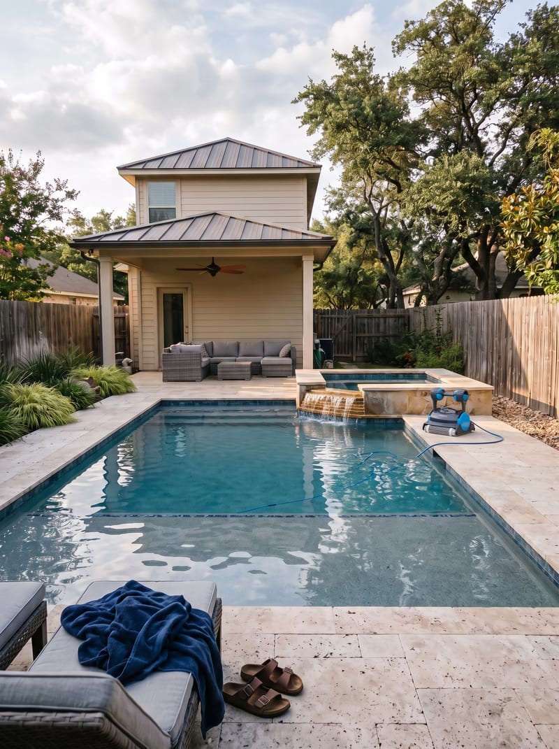 Backyard pool with a raised spa, covered patio and a robotic pool cleaner resting on the deck in late-afternoon light