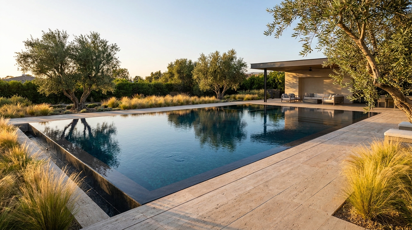 Backyard pool with golden ornamental grasses and a modern poolside cabana