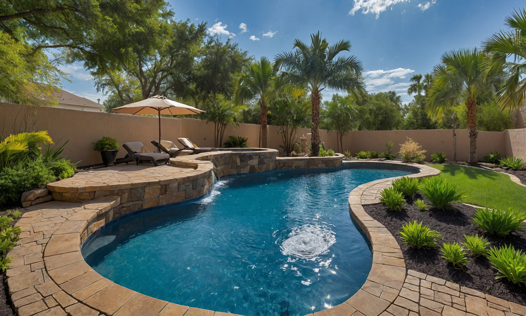 Fiberglass kidney-shaped swimming pool in a backyard