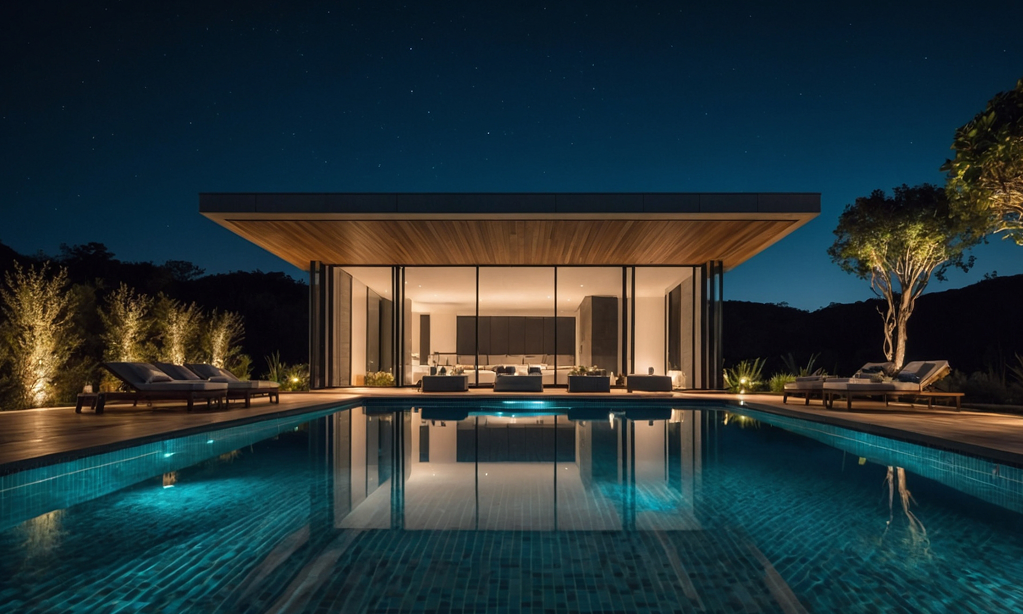 Modern saltwater swimming pool lit at night