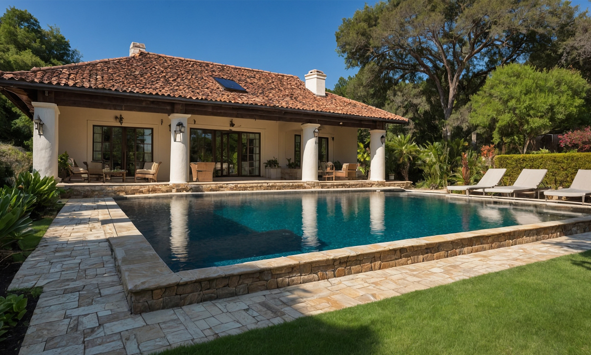 Backyard rectangle pool with clear balanced water