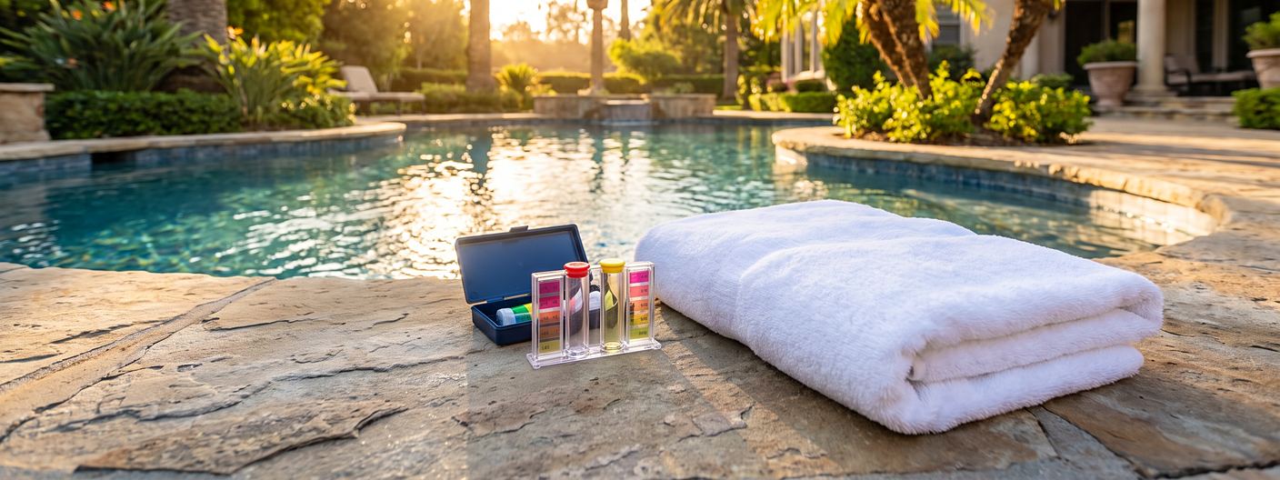 Sparkling backyard pool at sunrise with a water test kit and towel on the coping