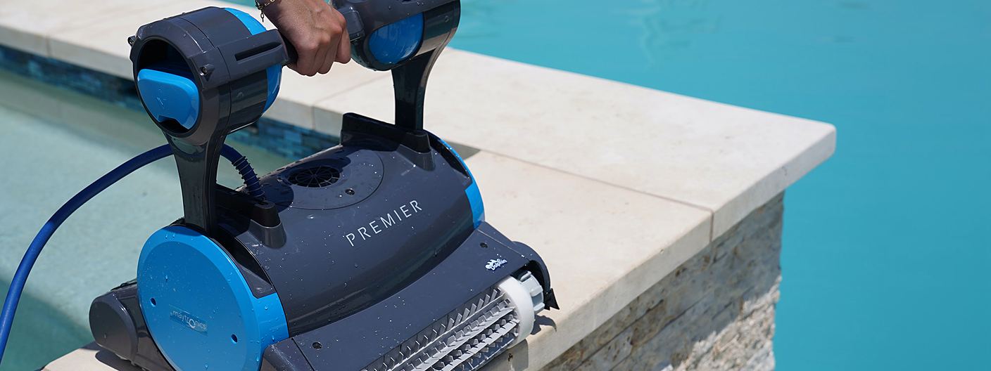 Dolphin robotic pool cleaner being tested poolside