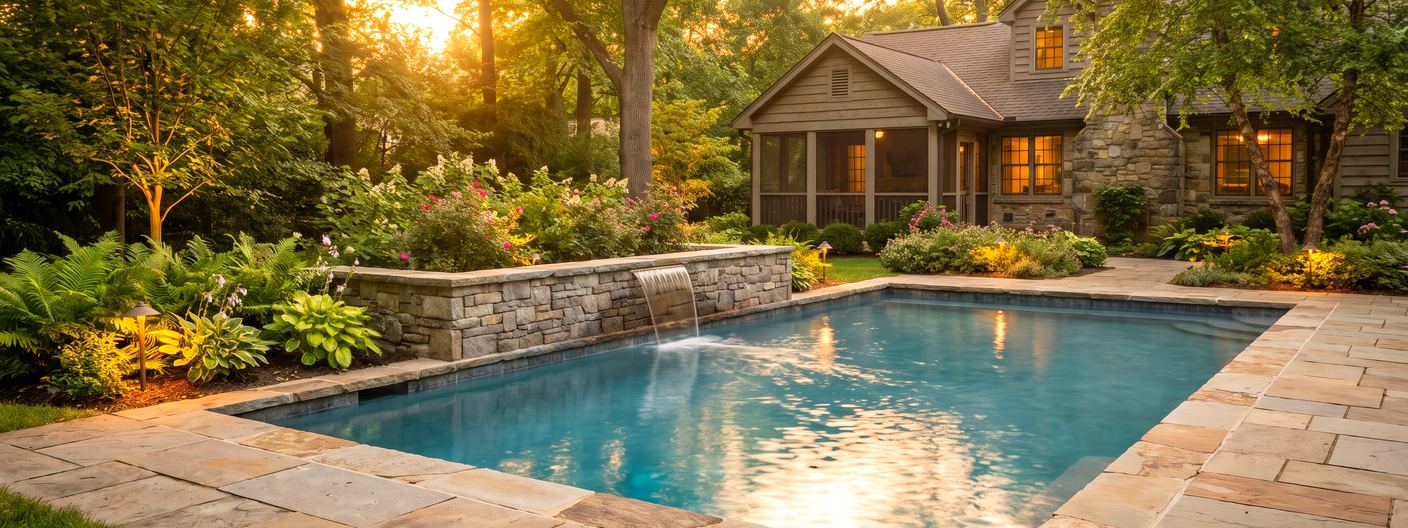 Custom backyard swimming pool with stone waterfall built by a local pool builder