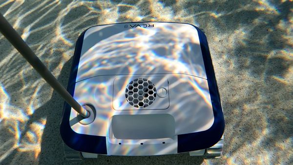 Top-down view of the Aquabot REVA climbing a pool wall
