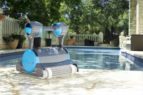 Dolphin Premier robotic pool cleaner with its leaf bag