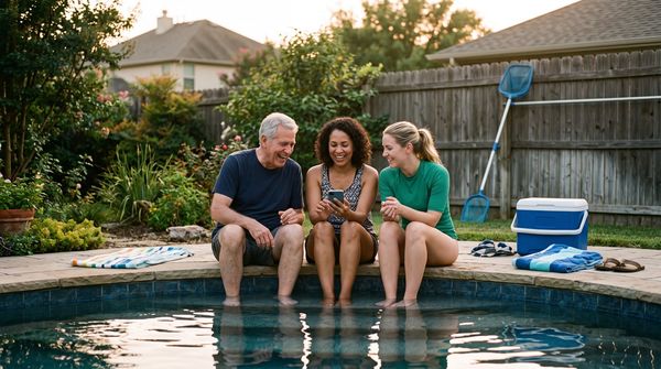 Friends sitting on the edge of a backyard pool at golden hour, talking and laughing