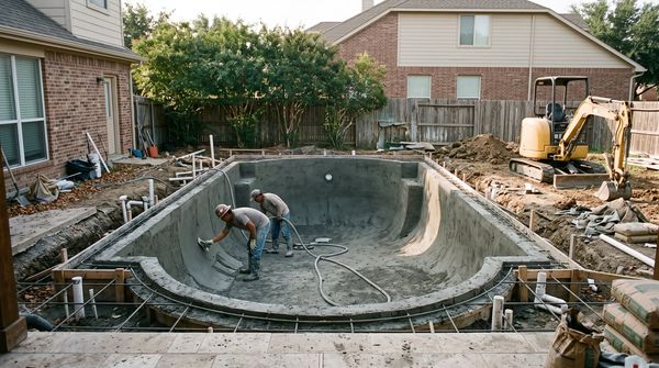 Backyard pool under construction with a crew finishing the gunite shell