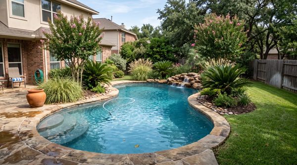 Freeform backyard pool with natural stone waterfall and landscaping