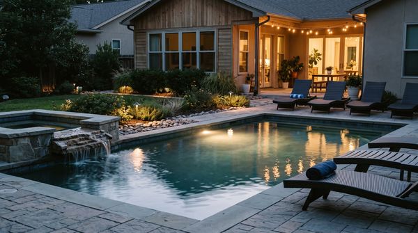 Backyard pool at dusk with warm underwater and landscape lighting