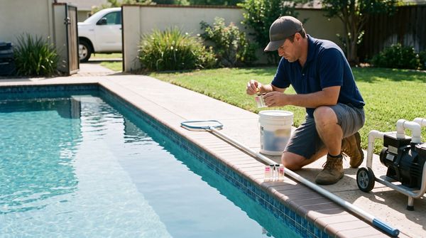 Pool service technician testing the water at a residential pool