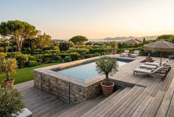 Above-ground pool with a wooden deck built up to the waterline