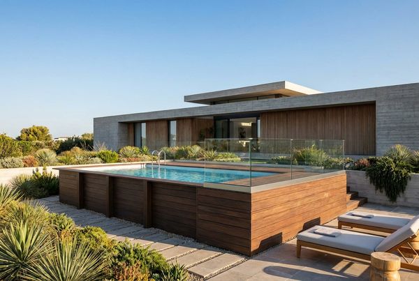 Modern above-ground pool with dark panels and a clean deck edge