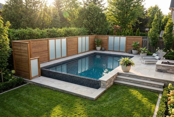 Above-ground pool with slatted wood privacy screening on one side