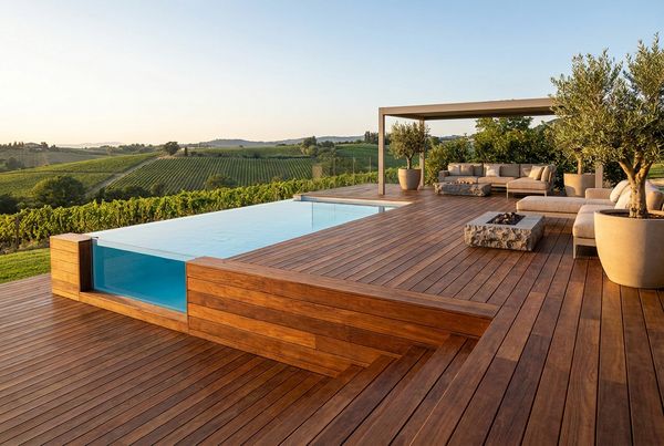 Above-ground pool with a lounge area and cushioned seating alongside
