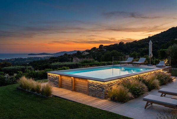 Semi-inground pool at dusk with warm lighting and a low wall