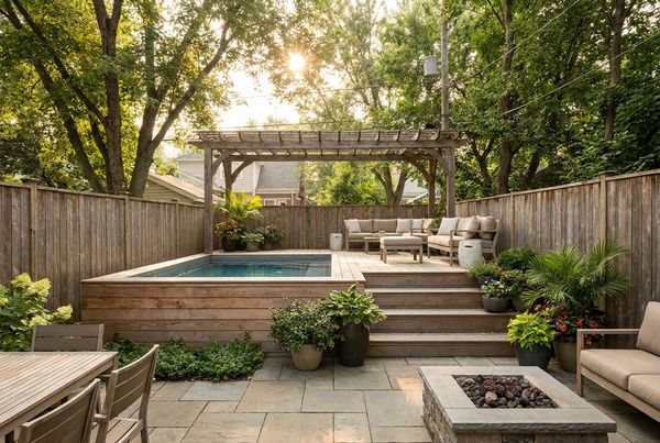 Above-ground pool fitted neatly into a small fenced backyard