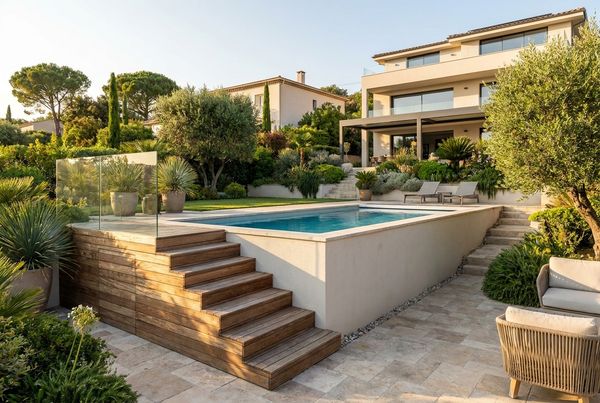 Above-ground pool with wide entry steps leading up to a deck