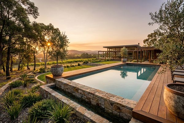 Modern above-ground pool with black metal wall panels
