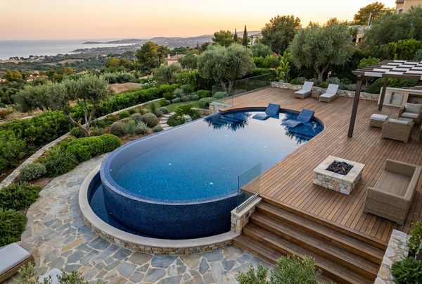 Above-ground pool surrounded by tall grasses and planting beds