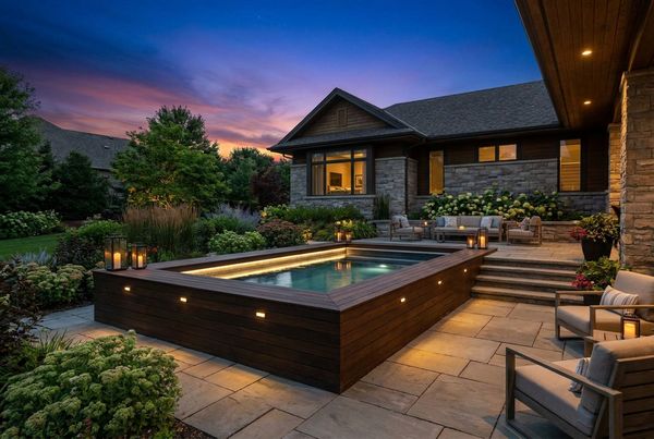 Above-ground pool at dusk with warm LED lighting
