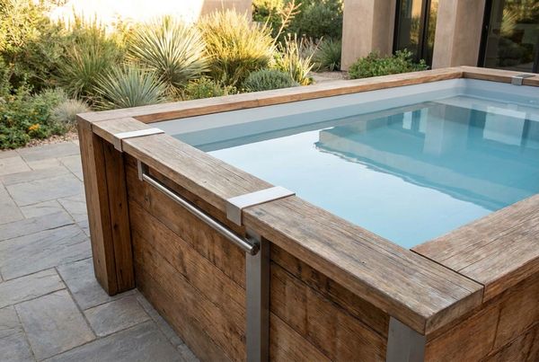 Above-ground pool styled with a warm cedar deck surround