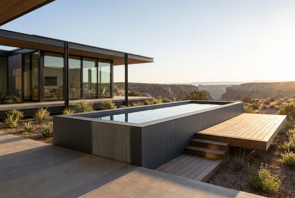 Above-ground pool with privacy screening and planters framing the deck
