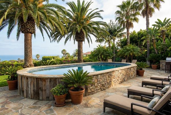 Above-ground pool styled with a plunge-pool aesthetic and dark interior