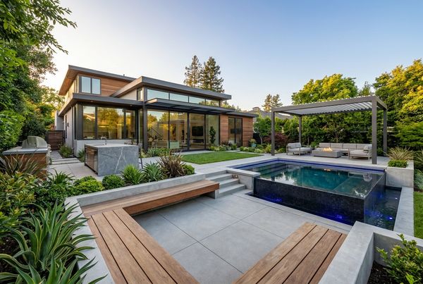Transformed modern backyard with pool, lounge and dining areas