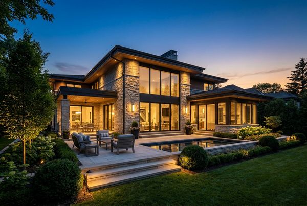 Backyard makeover lit at dusk with layered landscape lighting