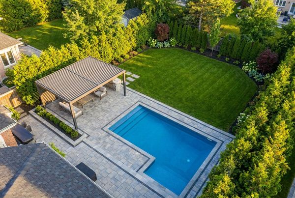 Aerial view of a completed resort-style backyard makeover