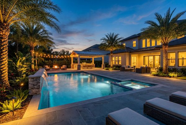 Backyard makeover lit at dusk with layered lighting
