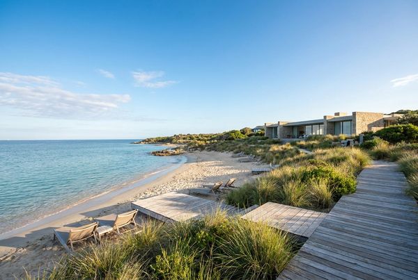 Gentle sloping beach entry pool easing from the deck into the water