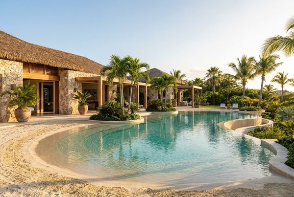 Tropical beach entry lagoon pool with a wide sandy shelf and planting