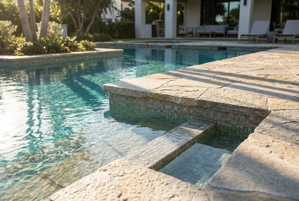 Modern beach entry pool with clean coping and a linear shelf