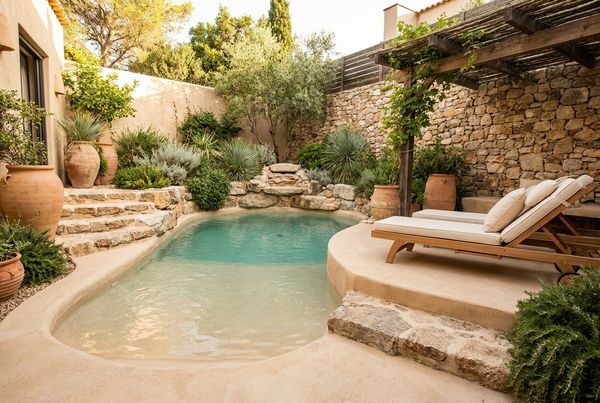 Beach entry pool with bubblers erupting along the shallow ledge