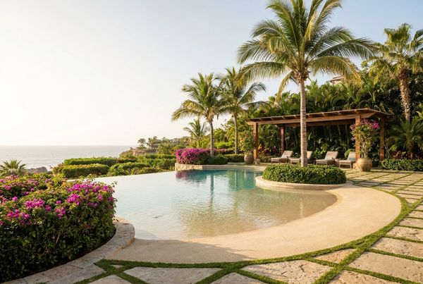 Beach entry pool with palms and a thatched cabana behind it