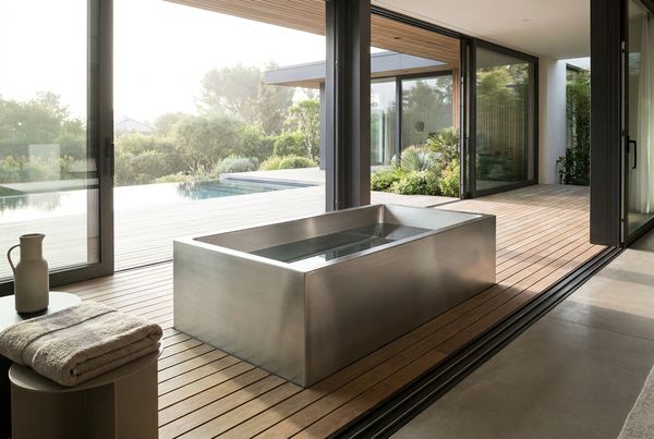 Stainless steel cold plunge tub on a modern backyard deck