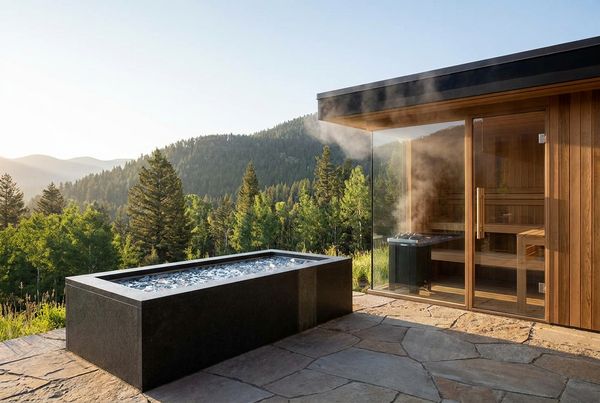 Cold plunge pool beside a cedar sauna in a backyard