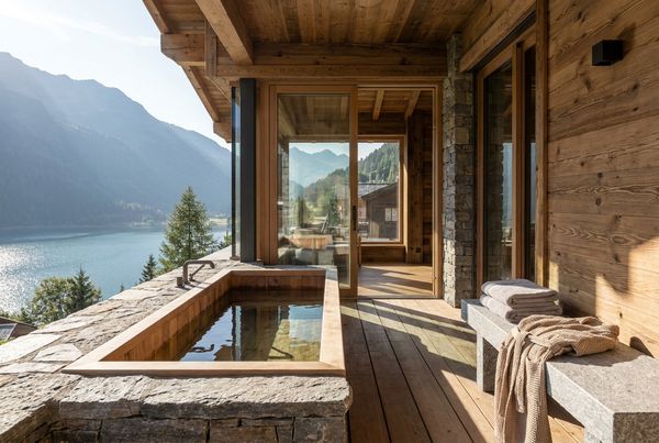Wood-clad cold plunge tub in a private backyard courtyard