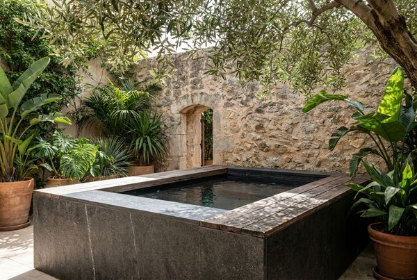 Cold plunge pool set into a private courtyard corner