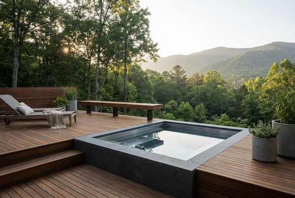 Modern cold plunge on a wood deck in a contemporary backyard