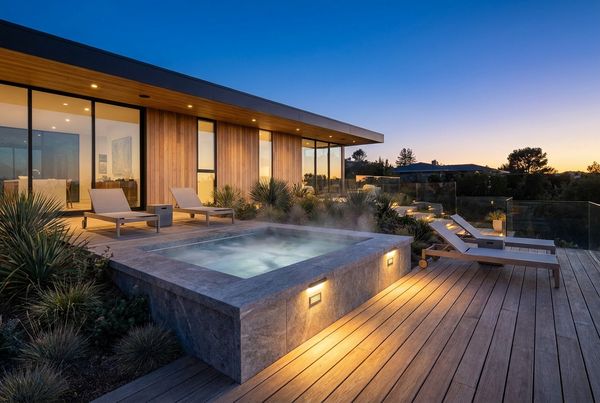 Outdoor cold plunge pool at dusk lit with warm light