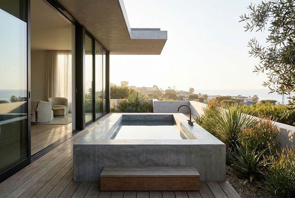 Minimalist cold plunge pool with clean stone coping