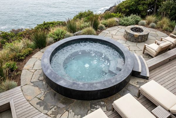 Tiled cold plunge pool with dark waterline tile