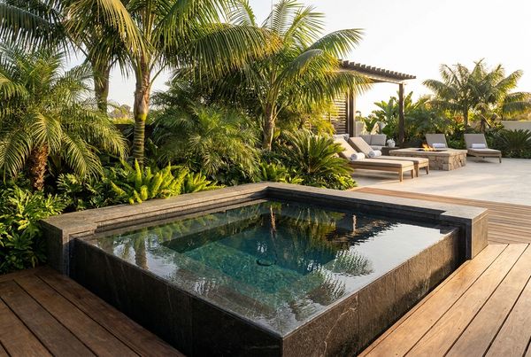Minimalist stainless cold plunge on a wood deck at dusk