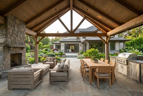 Gable-roof covered patio with a peaked ceiling beside a pool
