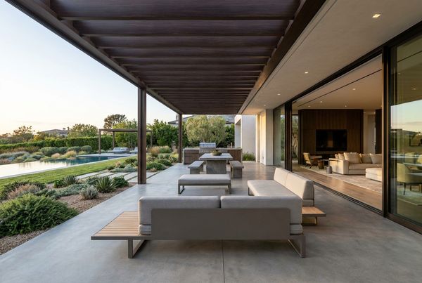 Flat-roof modern covered patio attached to a house with black posts