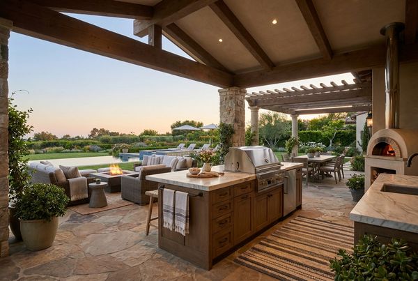 Covered patio with a built-in outdoor kitchen and bar seating
