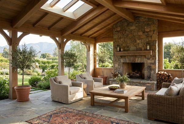 Covered patio with a stone fireplace and comfortable lounge seating